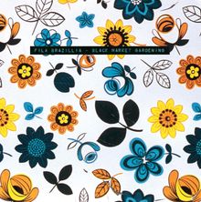 Text: "Fila Brazillia - Black Market Gardening". Illustration: Bunte Blumen und Blätter in Blau, Gelb, Orange auf weißem Hintergrund.