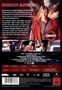 "Direct Action" und "UNCUT". Text beschreibt einen Polizisten, Frank Gannon, der gegen Korruption kämpft. Explosion im Hintergrund.