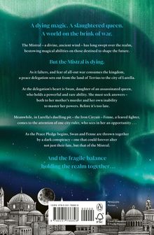 Text über eine sterbende Magie und Intrigen in einem Königreich. Illustration mit einer nächtlichen Skyline und Polarlichtern.