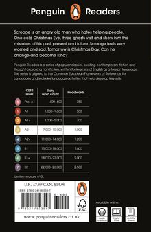 "Scrooge is an angry old man who hates helping people... Tomorrow is Christmas Day. Can he change and become kind?" Tabelle der Sprachniveaus und Wortanzahl, oben Logo von "Penguin Readers". Unten ISBN und Preis.