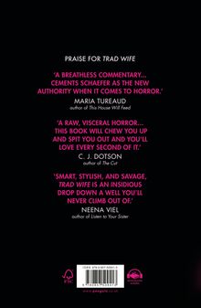 Texte loben "Trad Wife" als fesselnd und packend. Zitate von Maria Tureaud, C.J. Dotson und Neena Viel auf schwarzem Hintergrund.