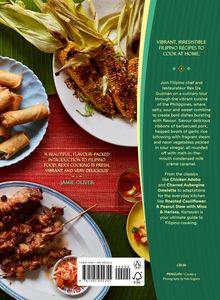 Texte beschreiben farbenfrohe, unwiderstehliche philippinische Rezepte, die man zu Hause kochen kann. Teller mit Mais, Frühlingsrollen und Fleischspießen.