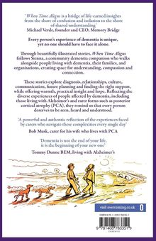 Texte bieten Zitate und Empfehlungen für "When Time Aligns", ein Buch über Demenz. Illustration zeigt zwei Menschen beim Spaziergang.