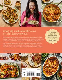 Bring big South Asian flavours to your table every day. Verschiedene Gerichte und lächelnde Frau mit Essen.