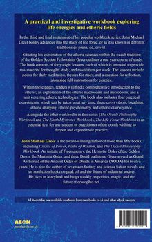 Ein Buchrückentext beschreibt ein Arbeitsbuch über Lebensenergien und ätherische Felder von John Michael Greer.