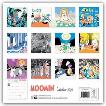 "Moomin Calendar 2027" in roter Schrift. Zwölf farbenfrohe Illustrationen von Moomin-Charakteren in verschiedenen Szenen.