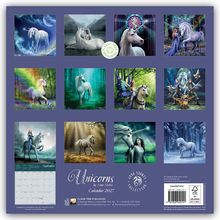 "Unicorns by Anne Stokes. Calendar 2027." Zeigt zwölf mythische Einhorn-Illustrationen, darunter Natur- und Fantasieszenen.