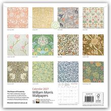"Calendar 2027 William Morris Wallpapers", Muster aus floralen Designs wie WW Tulip 1884, Cray 1887, Fruit 1866, u.a.