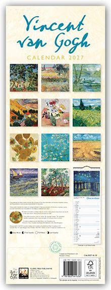 Vincent van Gogh Kalender 2027. Zwölf Gemälde in drei Reihen. Kalendarium für Dezember unten rechts.