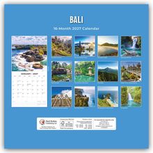 "BALİ", "16-Month 2027 Calendar". Neun Fotos von Landschaften und Tempeln in Bali, darunter Reisfelder und Wasserfälle.
