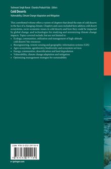 Rückseite eines Buches mit dem Titel "Cold Deserts", über Klimawandel und Anpassung. Herausgeber: Yashwant Singh Rawat, Chandra Prakash Kala. ISBN: 978-3-032-29118-9. Links unten ist ein Barcode. Rechts ein kleines Bild von einer schneebedeckten Landschaft.