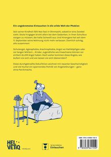 Ein Text beschreibt verschiedene Phobien und deren Überwindung mit Humor. Unten eine Illustration einer Person auf einem Sofa.