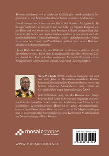 Texte über Träume und Realität, Biografie von Yves P. Honla. Unten Logo: "mosaicstones". Foto von Yves mit Brille und buntem Hemd.