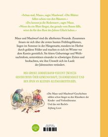 Zitat über fallende Blätter; Text über Maulwurf und Maus als beste Freunde; Notiz über Geschichten-Sammelband; Zeichnung.