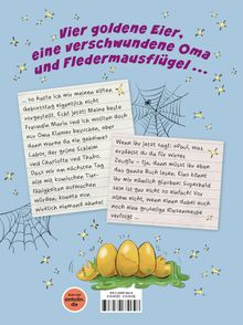 Titel: "Vier goldene Eier, eine verschwundene Oma und Fledermausflügel ...". Illustrationen von Spinnweben und goldenen Eiern.