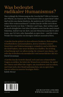 Text: "Was bedeutet radikaler Humanismus?" Beschreibung von Carolin Emckes Arbeit und ihrer Reiseerfahrungen. Kommentare von David Grossman und Rabih Mroué. Unten Preis und Website. Hintergrund schwarz, Text orange und weiß.