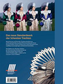 "Das neue Standardwerk der Schweizer Trachten." Vier Frauen in traditionellen Schweizer Trachten vor einer Bergkulisse.