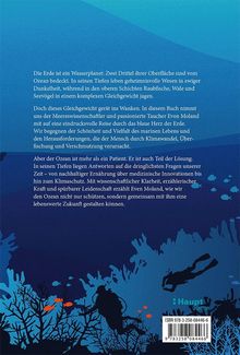 Text: Beschreibung eines Buches über Ozeane, Klimawandel und menschliche Verantwortung. Illustration: Taucher, Fische, Korallen.