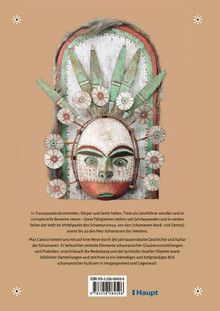 Text über Schamanismus und das Buch von Max Carocci, darunter ISBN und Logo. Oben Masken-Illustration.