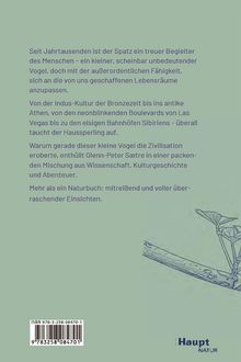 Text über Spatzen als treue Begleiter der Menschen und deren Anpassungsfähigkeit. Illustration eines Zweiges.
