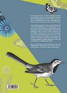 Text beschreibt die Bedeutung der Förderung der Biodiversität in städtischen Gärten. Illustrationen: Vogel, Schmetterling.