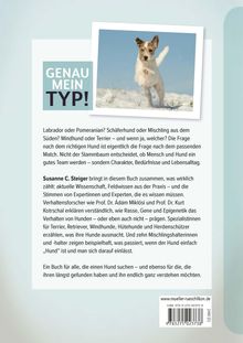 GENAU MEIN TYP! Ein fröhlicher Hund springt im Schnee. Text über Hundeauswahl führt zu einem Buch von Susanne C. Steiger.