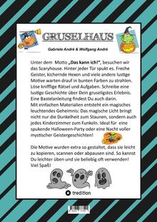 Aufschrift: "GRUSELHAUS" von Gabriele & Wolfgang André. Illustrationen von Geistern und Kürbissen auf gestreiftem Hintergrund.