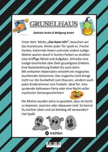 Text beschreibt ein Gruselbuch mit Rätseln und Bastelanleitungen, verziert mit Geister- und Hexenillustrationen. Viel Spaß!