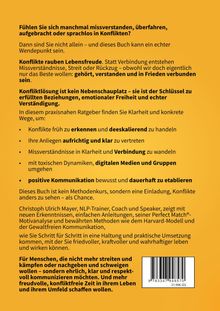 Ein gelber Hintergrund mit Text über Konfliktlösung und Kommunikation. Unten rechts ein Barcode.