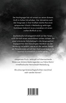 Ein düsterer Text beschreibt Rosis Kampf gegen einen alten Blutfluch und die fränkische Schreckgestalt. Barcode unten.