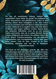 Der Text beschreibt ein Buch, das zu einem bewussteren und glücklicheren Leben führen soll. Der Hintergrund zeigt Blätter in Blau- und Goldtönen.