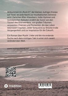 Text beschreibt eine Kneipe und einen Roman über Musik und Leben. Hintergrund zeigt einen Strand bei Sonnenuntergang.