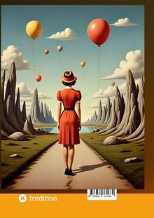 Text: „tredition“. Eine Frau in rotem Kleid auf einem Pfad, umgeben von surrealen Felsen und schwebenden Luftballons.