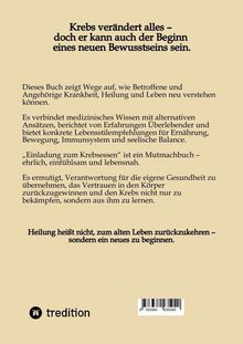 Text mit schwarzer Schrift auf beigem Hintergrund: Informationen über ein Buch zur Unterstützung von Krebspatienten. Oben und unten fettgedruckte Zitate. Unten links ein Logo von "tredition". Rechteckige Barcode-Grafik unten rechts.