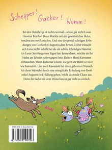 „Schepper! Gacker! Wumm!“ Text beschreibt ein mechanisches Huhn namens Matilde und Chaos durch unerfüllte Wünsche. Zeichnung zeigt Tierfiguren.