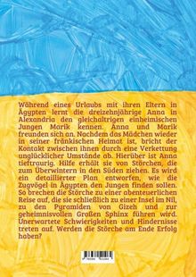 Text beschreibt Annas Abenteuer in Ägypten. Farben: Blau und Gelb. Text über Störche auf Reise, Pyramiden, Hindernisse.
