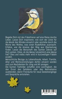 Text über eine Reise mit Fabeltieren inspiriert durch Löwe, Wolf, Ameise und Zebra. Illustration einer Meise.