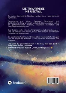 "Die Traumreise ins Weltall" erzählt von einem Stern namens Fünfzacke und seinen Abenteuern. Der Hintergrund zeigt bunte Wolken.