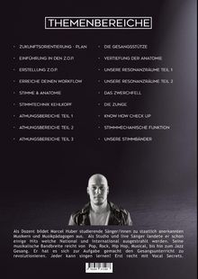 THEMENBEREICHE: Eine Liste von Kursinhalten zur Stimme und Anatomie. Unten ein Porträt von Marcel Huber.