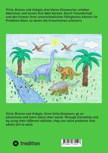 Text über drei Dinosaurier, die durch Freundschaft und Fähigkeiten Abenteuer erleben. Darunter bunte Dinosaurier-Illustration.