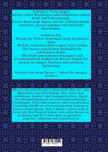"Schlaflos? Nicht länger!" beschreibt Methoden für besseren Schlaf. Mira Levin bietet lösungsorientierte Texte zu innerer Entwicklung. Hintergrund ist ein dekoratives Muster.