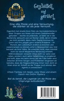 Logo: Ein Wappen mit Kerzen und "Kandelabra". Titel: "Geschüttelt und gerührt". Text über Magie und Hexen, Urban Fantasy Thema.