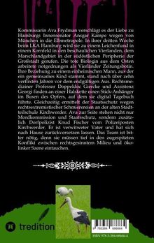 Text auf der Rückseite eines Buches, beschreibt die Handlung eines Krimis in Hamburgs Vierlanden, Störche im Bild.