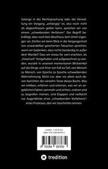 Text über "schwebende Verfahren" und Geschichte, ISBN 978-3-384-68763-0, tredition Logo unten.