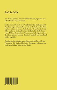 "FASSADEN" steht oben. Beschreibung eines Romans: Spiel in Westfalen, zwei Großmütter, Reise ins 19. Jahrhundert. Gelb. Barcode unten.