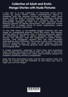 Texte: "Collection of Adult and Erotic Manga Stories with Nude Pictures" und "I Saw Her is a lush collection of illustrated erotic...". Text auf dunklem Hintergrund.