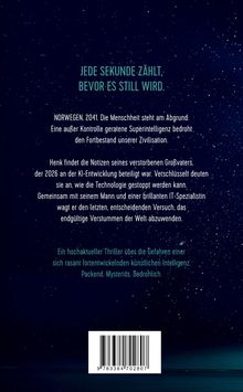 "Jede Sekunde zählt, bevor es still wird." Text über KI-Gefahr, Norwegen 2041. Thriller, packend, mysteriös, bedrohlich.