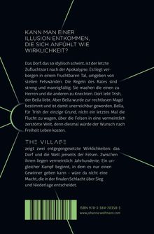 Text über eine gefangene Dorfgemeinschaft und das Streben nach Freiheit. Unten ein Barcode, ISBN und eine Website.