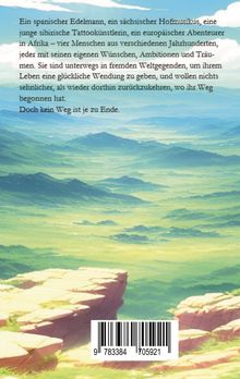 Text über vier Menschen aus verschiedenen Jahrhunderten auf Abenteuerreise. Landschaft mit grünen Hügeln und Felsen.