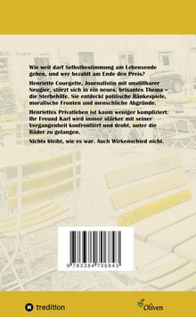Text beschreibt eine Journalistin, die über Sterbehilfe recherchiert. Logo: "Oliven" mit Symbol. 
